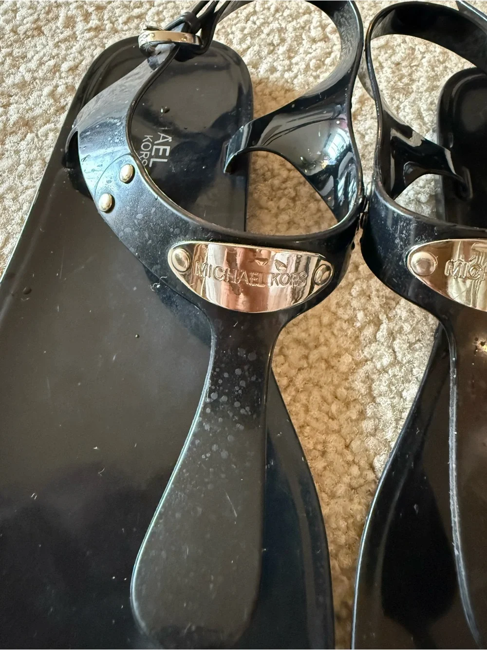 Michael Kors Black Jelly T-Strap Sandals with Logo Plaque
